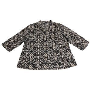 Carole Little Top Womens 1X Black Floral Linen All Over Print Button Lagenlook